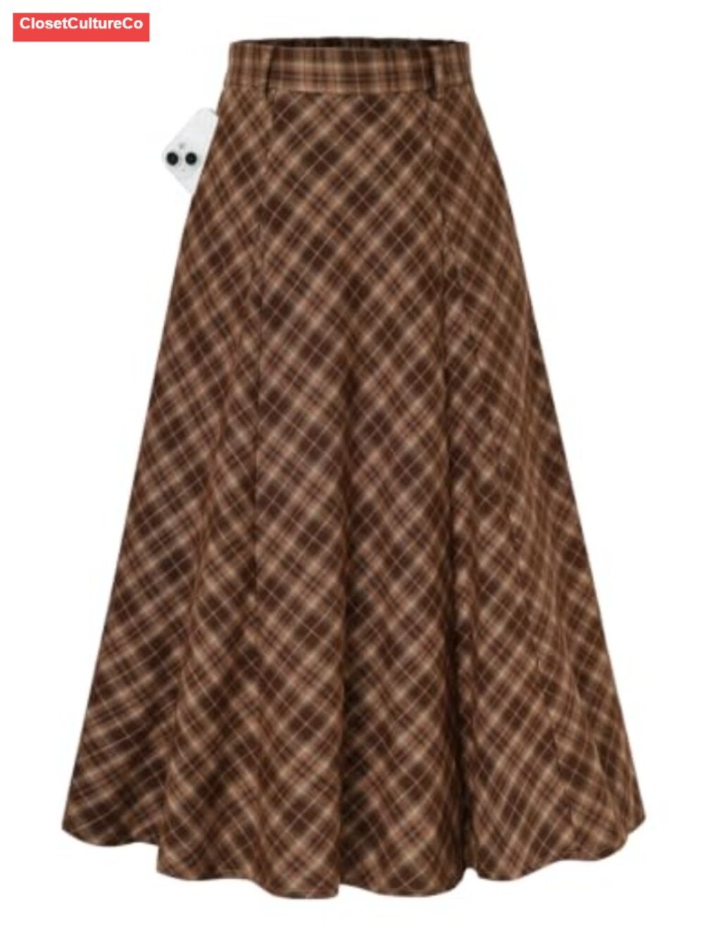 High Waist A-Line Midi Skirt with Pockets Plaid